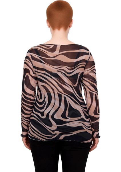 Kadın Büyük Beden Kayık Yaka Tül Örme Bluz Hayvan Desenli Uzun Kol Kaliteli Şık Rahat Modern modelleri