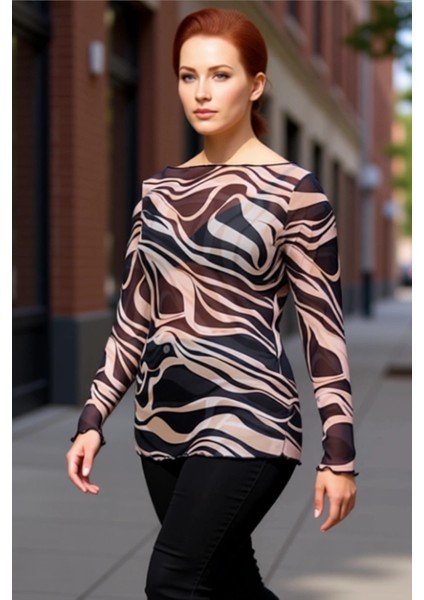 Kadın Büyük Beden Kayık Yaka Tül Örme Bluz Hayvan Desenli Uzun Kol Kaliteli Şık Rahat Modern fırsatları