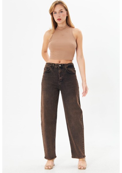 Kadın Kahverengi Skater Balon Kesim Jeans Denim Likralı