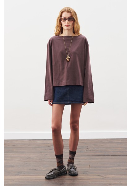 Kayık Yaka Uzun Kol Tshırt Kahverengi fiyatları