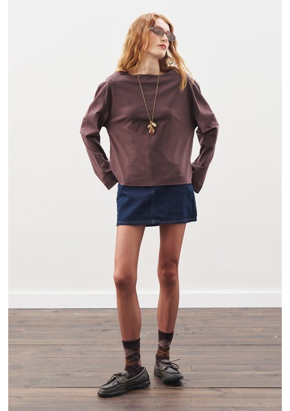 Kayık Yaka Uzun Kol Tshırt Kahverengi modelleri