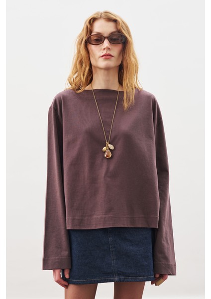 Kayık Yaka Uzun Kol Tshırt Kahverengi fırsatları