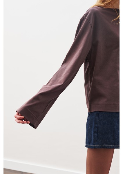 Kayık Yaka Uzun Kol Tshırt Kahverengi indirimleri