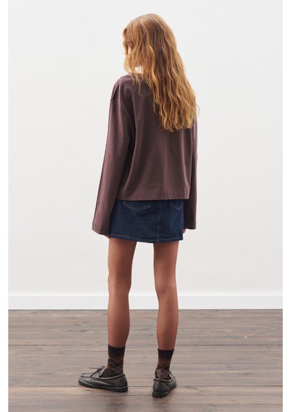 Kayık Yaka Uzun Kol Tshırt Kahverengi