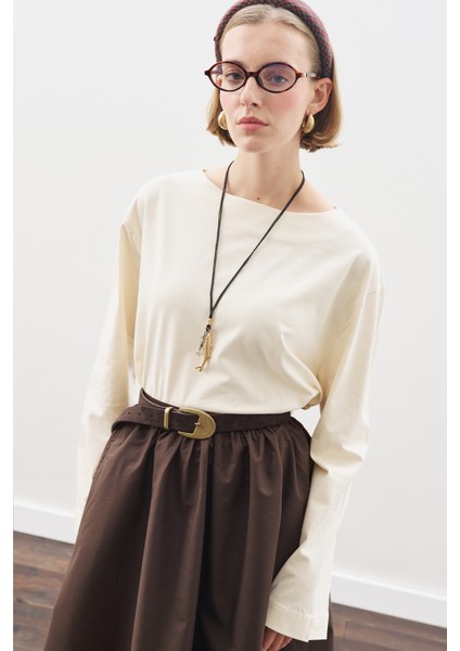 Kayık Yaka Uzun Kol Tshırt Vanilya modelleri