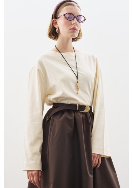 Kayık Yaka Uzun Kol Tshırt Vanilya fırsatları