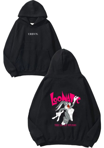 Loonatic Tasarım Baskılı Oversize Siyah Kapüşonlu Sweatshirt