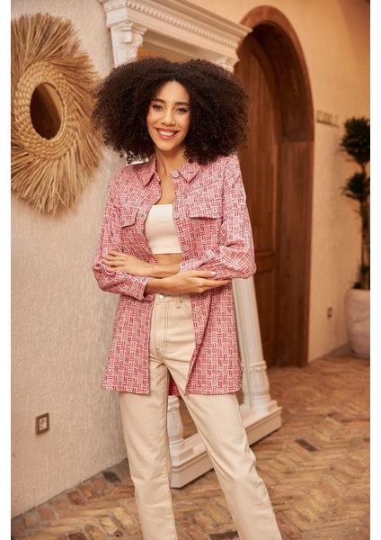 Geometrik Desenli Çift Cepli Gömlek Ceket