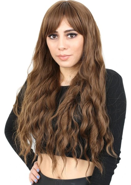 Perçemli Uzun Su Dalgası Fiber Sentetik Peruk - Kumral