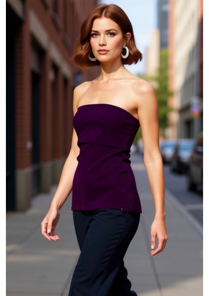 Straplez Yandan Fermuarlı Krep Örme Bluz Modern Stil Trend Tasarım Yüksek Kalite