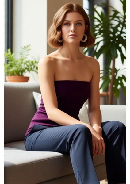 Straplez Yandan Fermuarlı Krep Örme Bluz Modern Stil Trend Tasarım Yüksek Kalite fiyatları