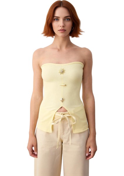 Kadın Ottoman Örme Straplez Bluz Düğme Detaylı Vücuda Oturan Esnek Tasarım Kaliteli Şık Rahat fiyatları