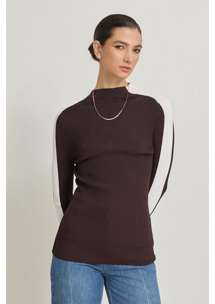 Acı-Kahve Uzun Kollu Şerit Detaylı Triko fırsatları