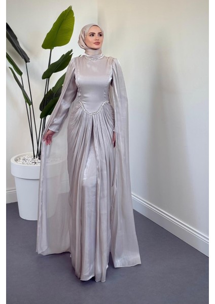 Maelis Beli ve Boynu Taşlı Abiye Krem