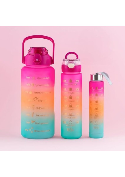 11918 3 Lü Motivasyon Stickerlı Kokusuz Spor Su Matarası - Su Şişesi - Renkli Suluk Fuşya