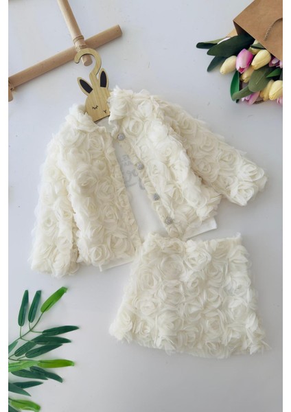 Gül Detaylı 3 Lü Kız Çocuk takım - Krem