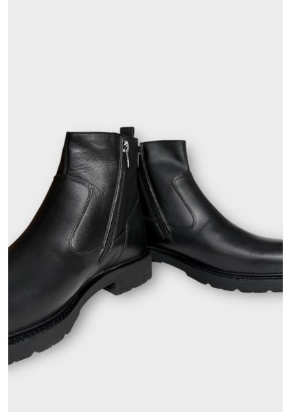 Hakiki Deri Kaydırmaz Kauçuk Taban Fermuarlı Erkek Bot Siyah - Siyah modelleri