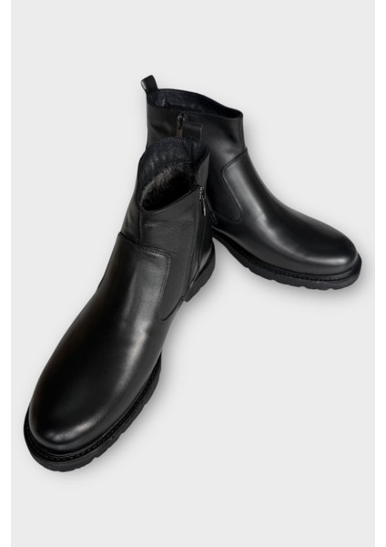 Hakiki Deri Kaydırmaz Kauçuk Taban Fermuarlı Erkek Bot Siyah - Siyah fırsatları