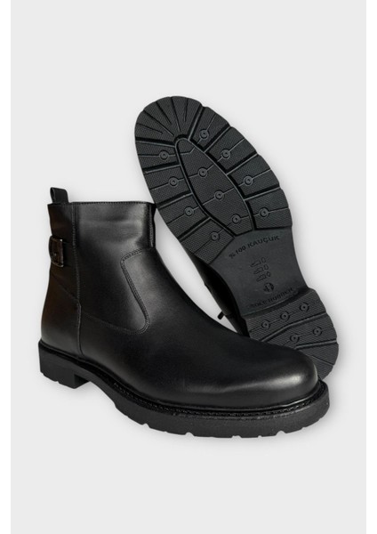 Hakiki Deri Kaydırmaz Kauçuk Taban Fermuarlı Erkek Bot Siyah - Siyah
