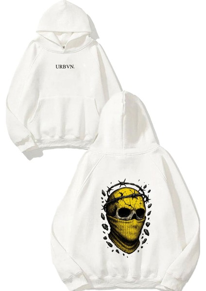 Yellow Mask Tasarım Baskılı Oversize Beyaz Kapüşonlu Sweatshirt