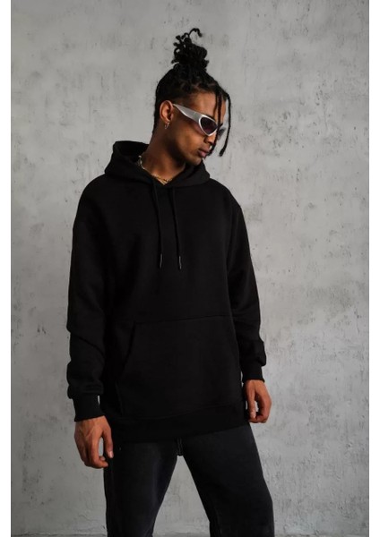 Erkek Düz Kapüşonlu Sweat - Siyah fırsatları