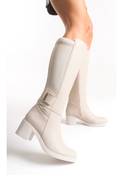 Deri Görünümlü Arkası Streç Esnek Kalın Orta Yüksek Topuklu Toka Detaylı Fermuarlı Bej Uzun Çizme