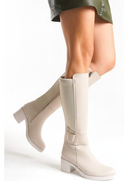 Deri Görünümlü Arkası Streç Esnek Kalın Orta Yüksek Topuklu Toka Detaylı Fermuarlı Bej Uzun Çizme fiyatları