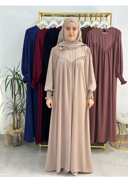 Tesettür Elbise,önü V Model Büzgülü,sufle Esarpla Takım.hijap ,khimar.hac Umre Için Uygundur Bej