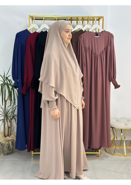 Tesettür Elbise,önü V Model Büzgülü,sufle Esarpla Takım.hijap ,khimar.hac Umre Için Uygundur Bej modelleri