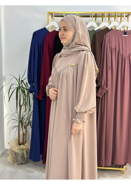 Tesettür Elbise,önü V Model Büzgülü,sufle Esarpla Takım.hijap ,khimar.hac Umre Için Uygundur Bej