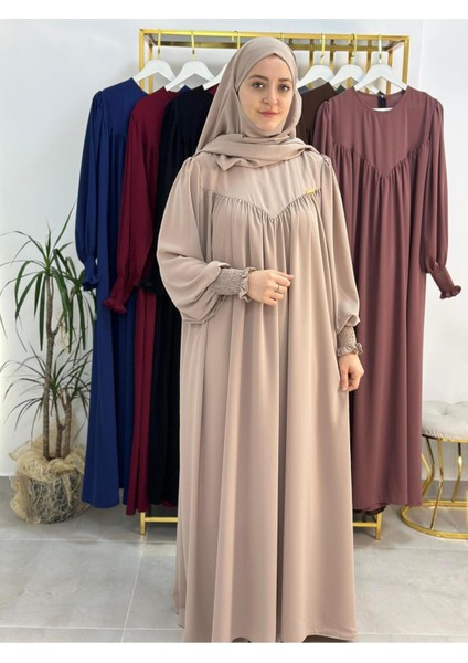 Tesettür Elbise,önü V Model Büzgülü,sufle Esarpla Takım.hijap ,khimar.hac Umre Için Uygundur Bej