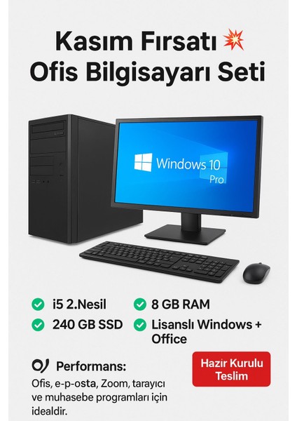 Kasım Fırsatı 💥 Ofis Bilgisayarı Seti | I5 2.nesil | 8gb Ram | 240GB SSD | Windows 10 Pro + Word & Excel | Monitör + Klavye + Mouse