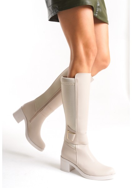 Deri Görünümlü Arkası Streç Esnek Kalın Orta Yüksek Topuklu Toka Detaylı Fermuarlı Bej Uzun Çizme fırsatları