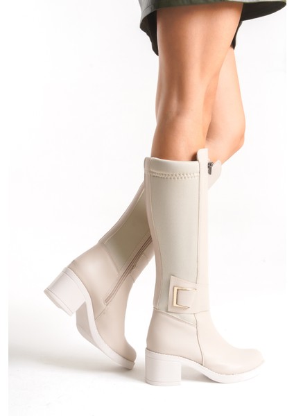 Deri Görünümlü Arkası Streç Esnek Kalın Orta Yüksek Topuklu Toka Detaylı Fermuarlı Bej Uzun Çizme indirimleri