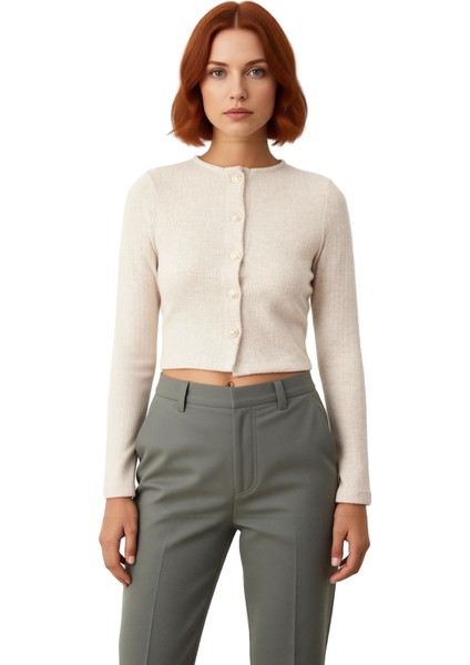 Kadın Bisiklet Yaka Düğmeli Uzun Kollu Örme Crop Üst Kaliteli Şık Rahat Modern Zarif Günlük