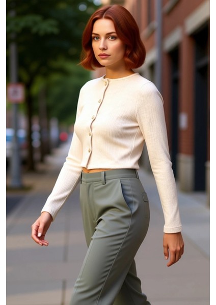 Kadın Bisiklet Yaka Düğmeli Uzun Kollu Örme Crop Üst Kaliteli Şık Rahat Modern Zarif Günlük modelleri