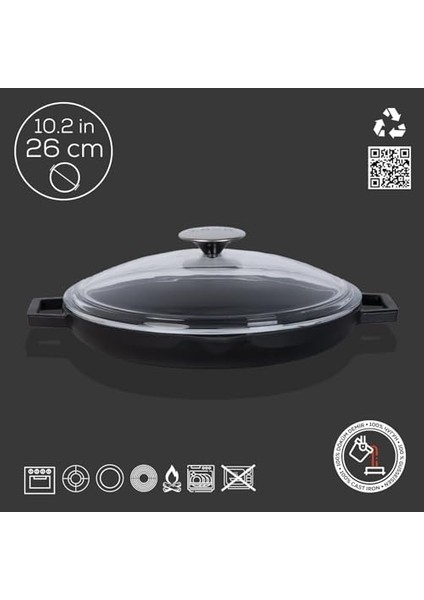 Cam Kapaklı Düz Zeminli Döküm Demir Tava, 26 cm modelleri