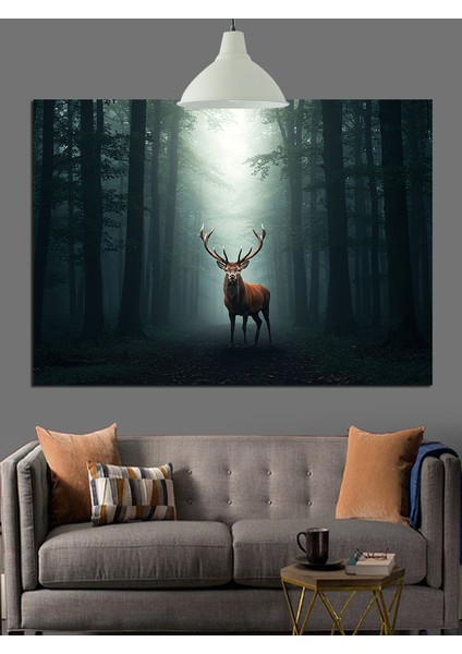 Sisli Ormanda Geyik Silüeti Dekoratif Kanvas - Mdf Ahşap Tablo modelleri
