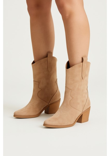 Tarçın Taba Süet Kadın Kısa Kovboy Kanvas Western Bot