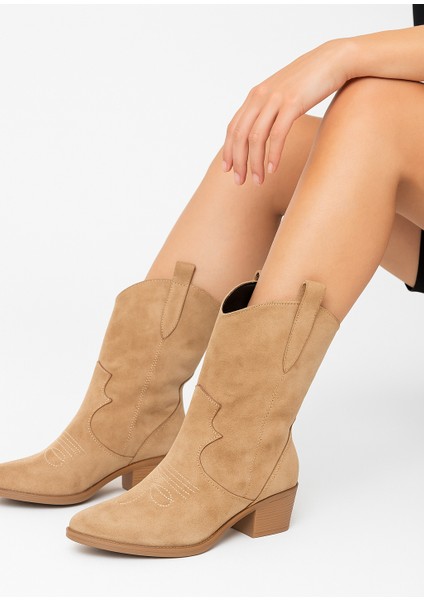 Tarçın Taba Süet Kadın Kısa Kovboy Kanvas Western Bot fiyatları