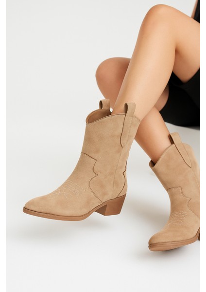 Tarçın Taba Süet Kadın Kısa Kovboy Kanvas Western Bot modelleri