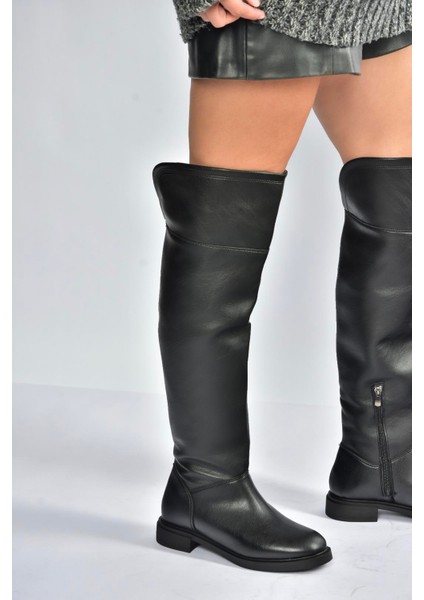 V973801009 Siyah Alçak Topuklu Diz Üstü Klasik Kadın Binici Çizme fiyatları