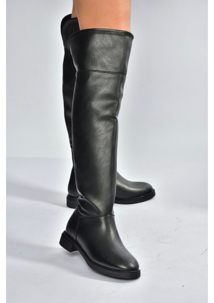 V973801009 Siyah Alçak Topuklu Diz Üstü Klasik Kadın Binici Çizme modelleri