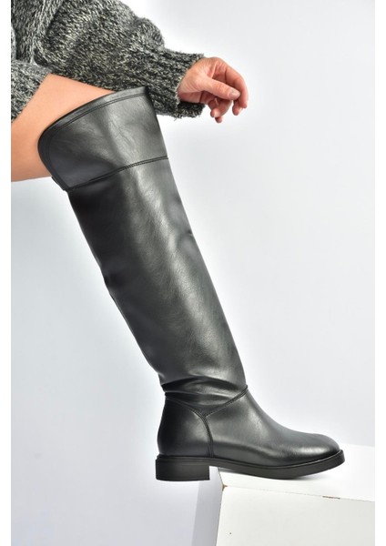 V973801009 Siyah Alçak Topuklu Diz Üstü Klasik Kadın Binici Çizme fırsatları