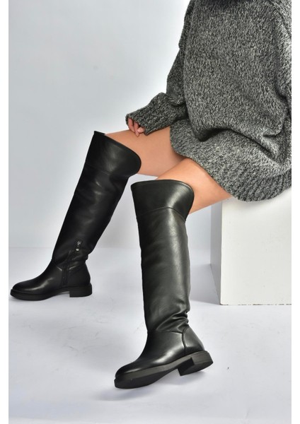 V973801009 Siyah Alçak Topuklu Diz Üstü Klasik Kadın Binici Çizme indirimleri