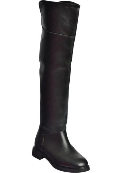 V973801009 Siyah Alçak Topuklu Diz Üstü Klasik Kadın Binici Çizme