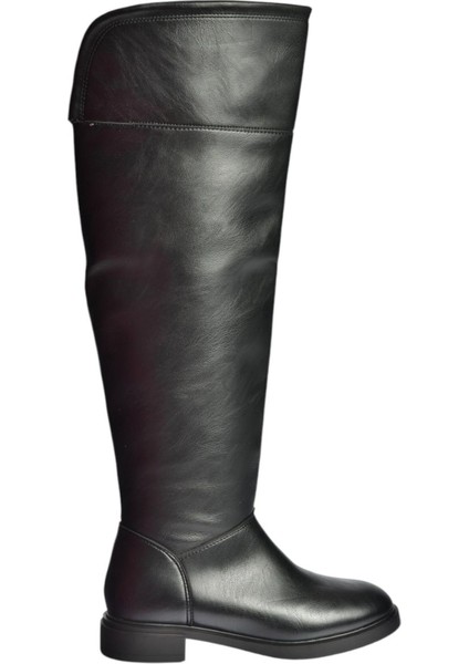 V973801009 Siyah Alçak Topuklu Diz Üstü Klasik Kadın Binici Çizme