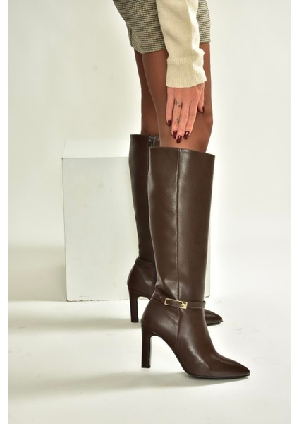 V404020709 Kahverengi Kalın Topuklu Kadın Çizme indirimleri