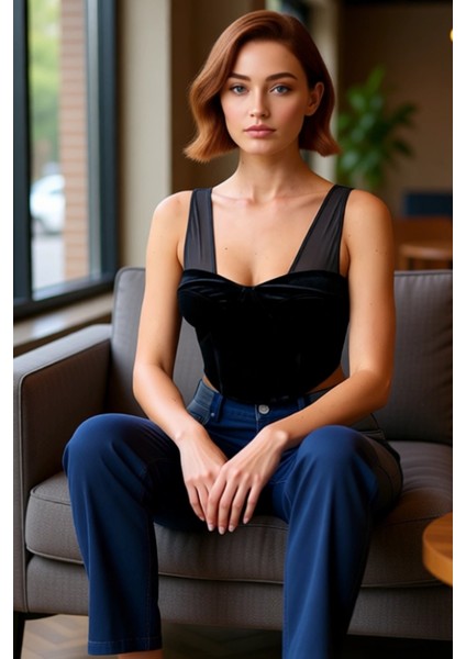 Kadınlar Için Kadife Detaylı Kalp Yaka Crop Üst Modern ve Zarif Bir Seçim Kaliteli Şık Rahat fırsatları