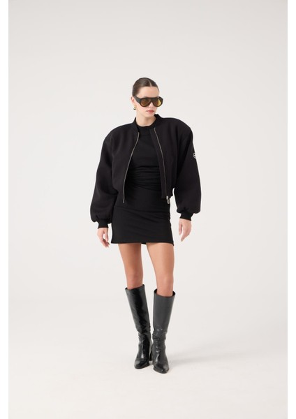 Crop Kesim Vatkalı Alexa Bomber Ceket Siyah